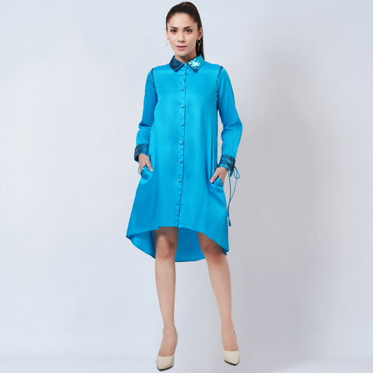 Blue Sequinned Shirt Dress