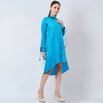 Blue Sequinned Shirt Dress