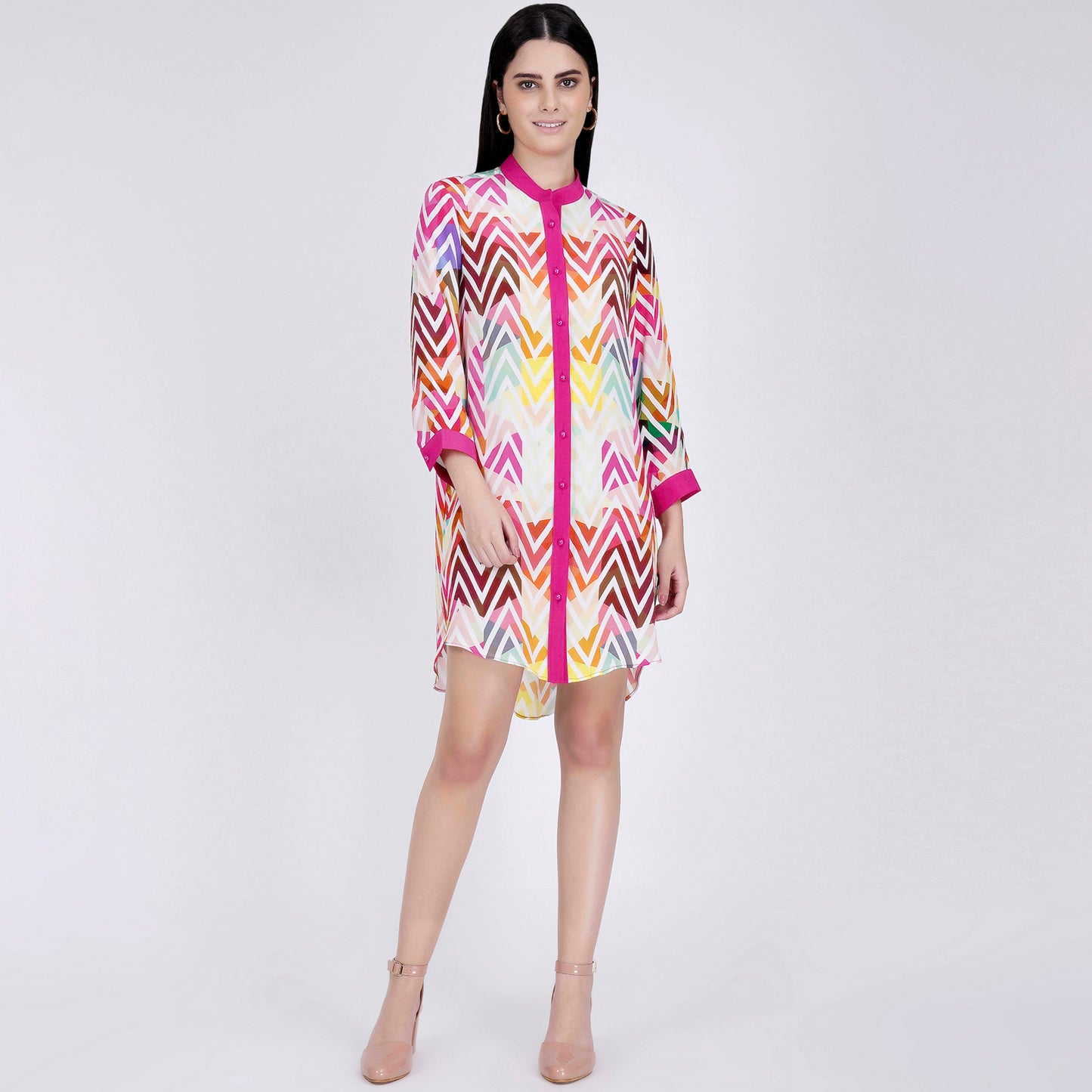 Pink and White Chevron Shirt Dress