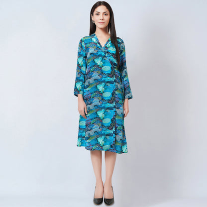 Blue and Green Sea Jungle Print Wrap Around Dress