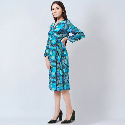 Blue and Green Sea Jungle Print Wrap Around Dress