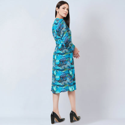 Blue and Green Sea Jungle Print Wrap Around Dress