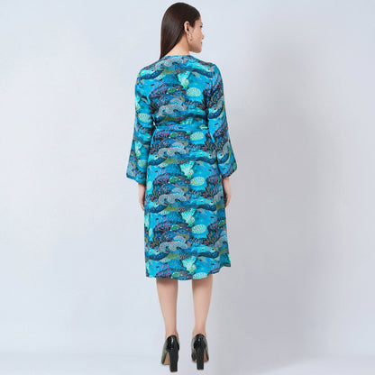 Blue and Green Sea Jungle Print Wrap Around Dress