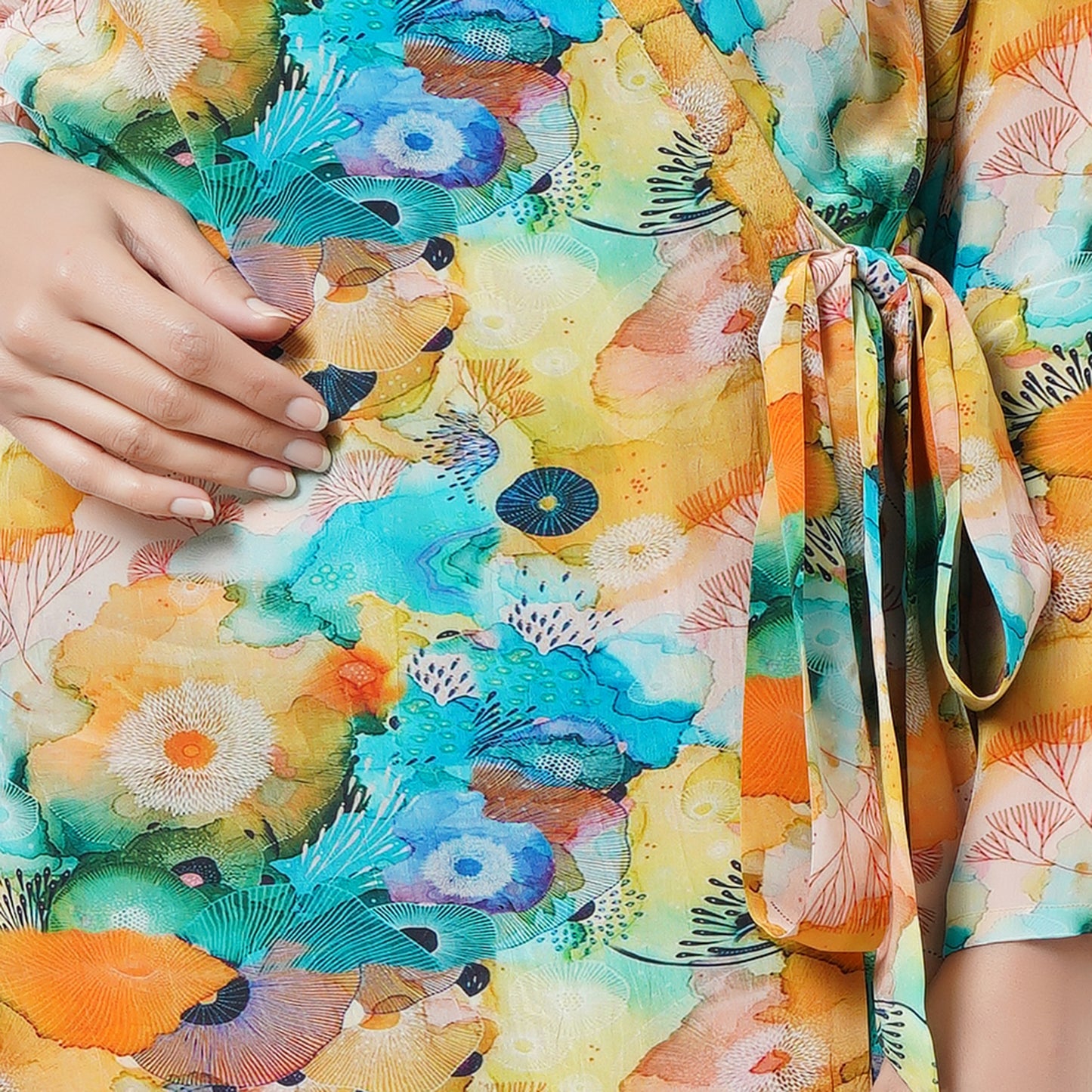 Multicoloured Marine Print Wrap Around Dress