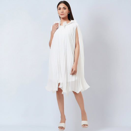 White Asymmetrical Pleated Dress