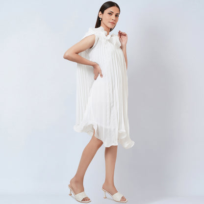 White Asymmetrical Pleated Dress