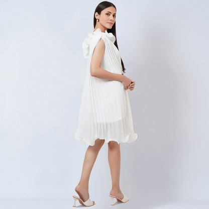 White Asymmetrical Pleated Dress