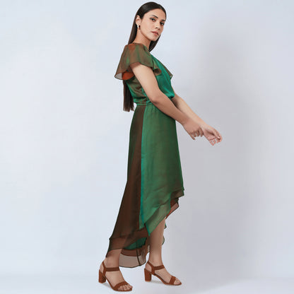Green and Bronze Asymmetrical Dress