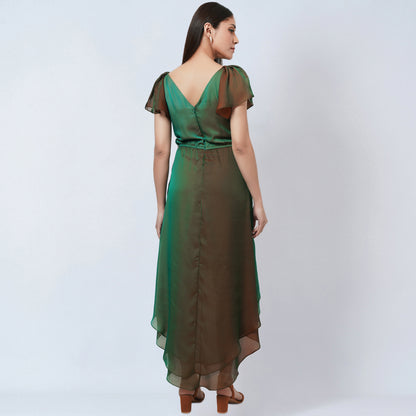 Green and Bronze Asymmetrical Dress