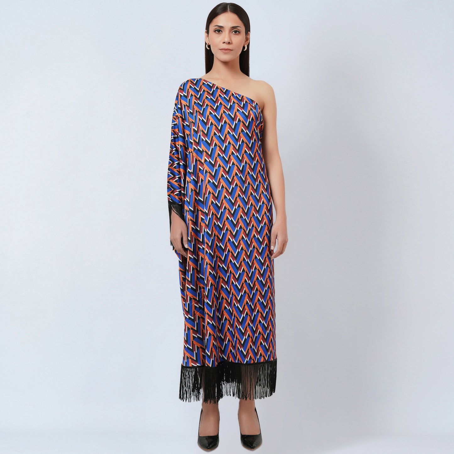 Blue and Mustard One-Shoulder Geometric Print Dress
