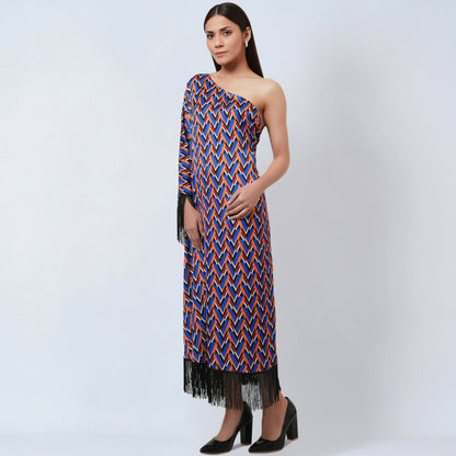 Blue and Mustard One-Shoulder Geometric Print Dress