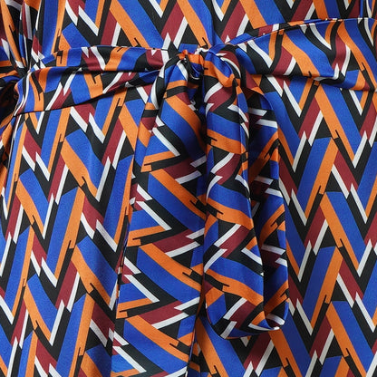 Blue and Mustard One-Shoulder Geometric Print Dress