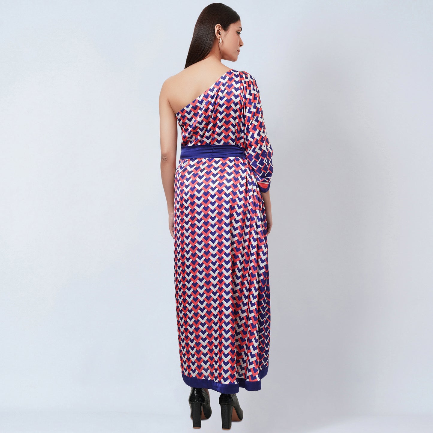 Coral Pink and Blue One-Shoulder Geometric Print Dress