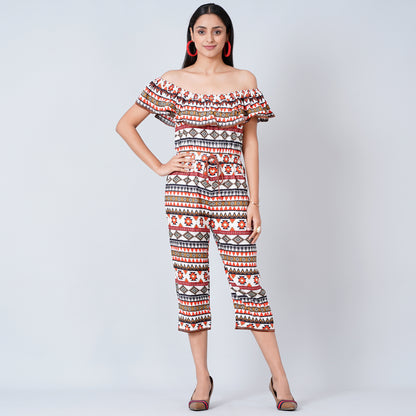 White and Red Aztec Jumpsuit