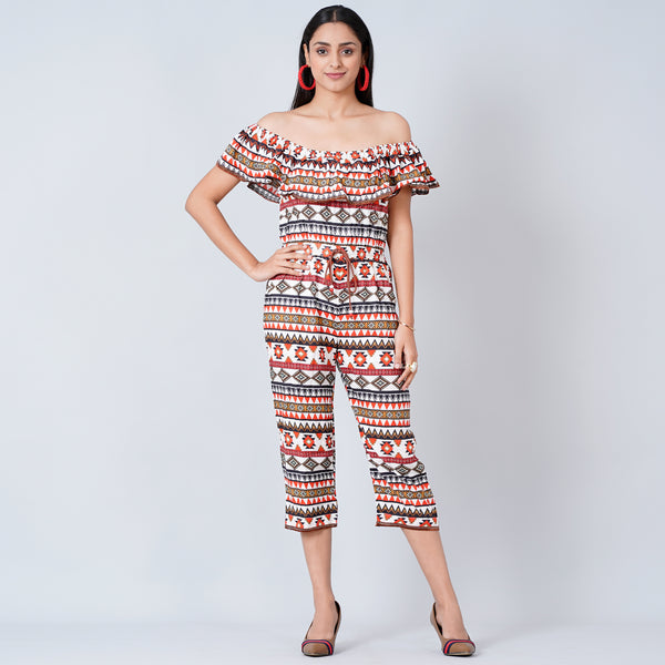 White And Red Aztec Print Jumpsuit for Women – Cotton Modal | First Resort by Ramola Bachchan