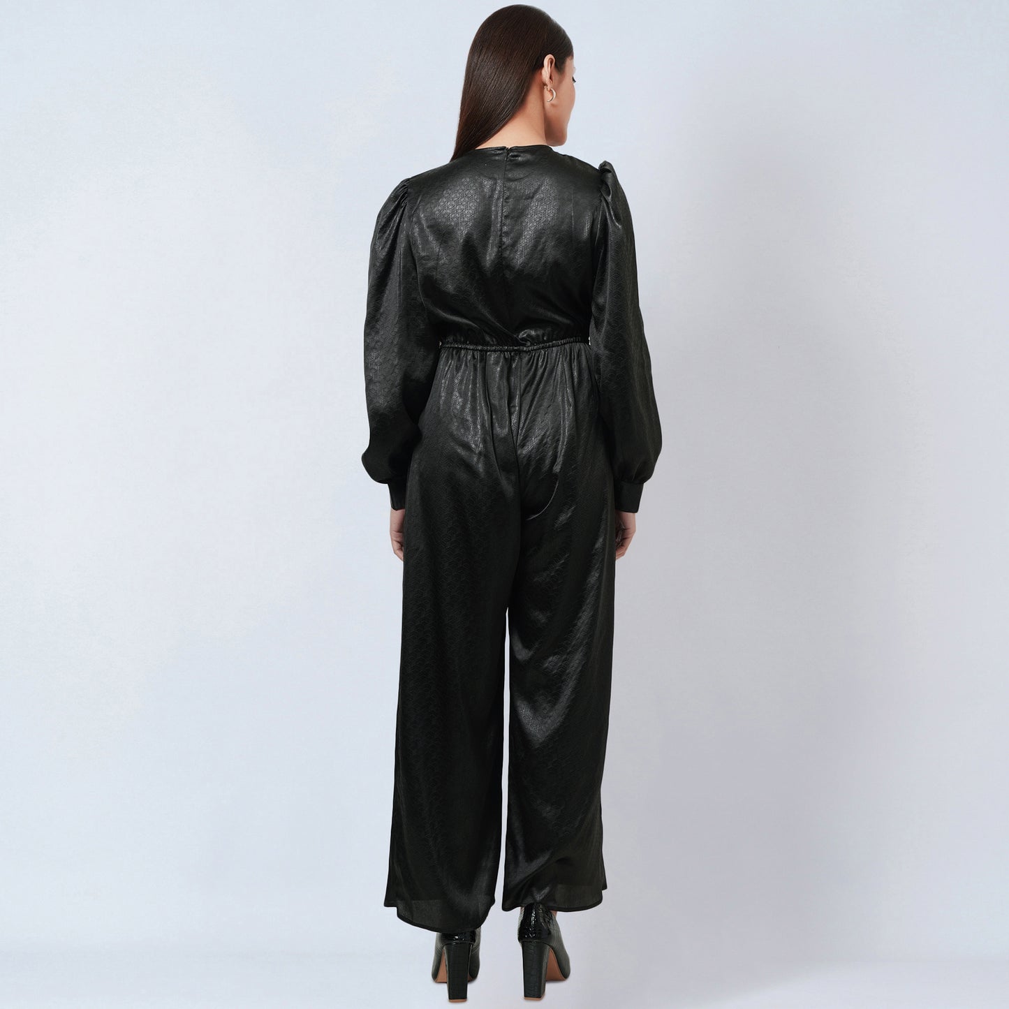 Black Textured Jumpsuit with Velvet Belt