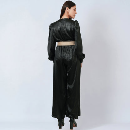 Black Textured Jumpsuit with Velvet Belt