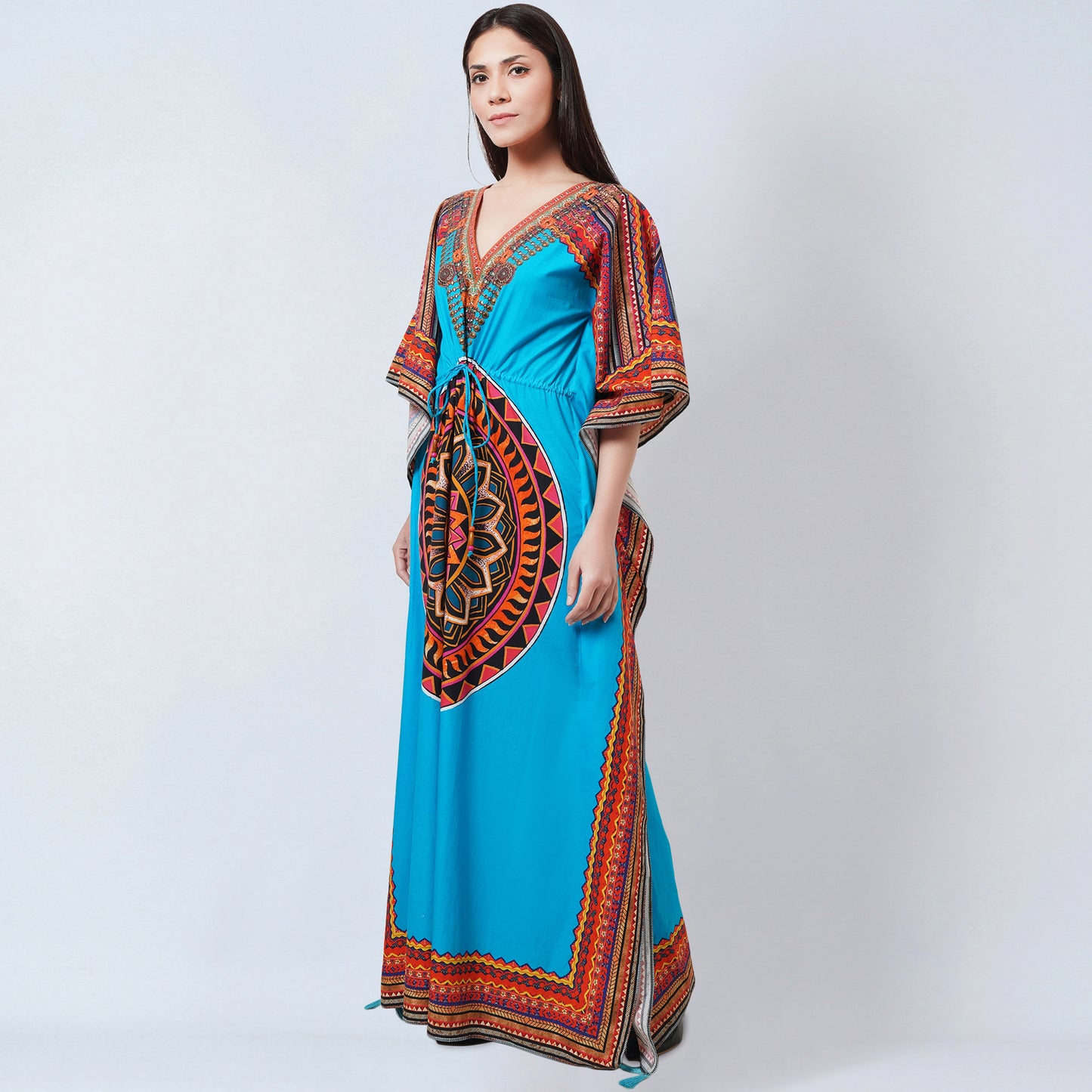 Blue Tribal Embellished Full Length Kaftan