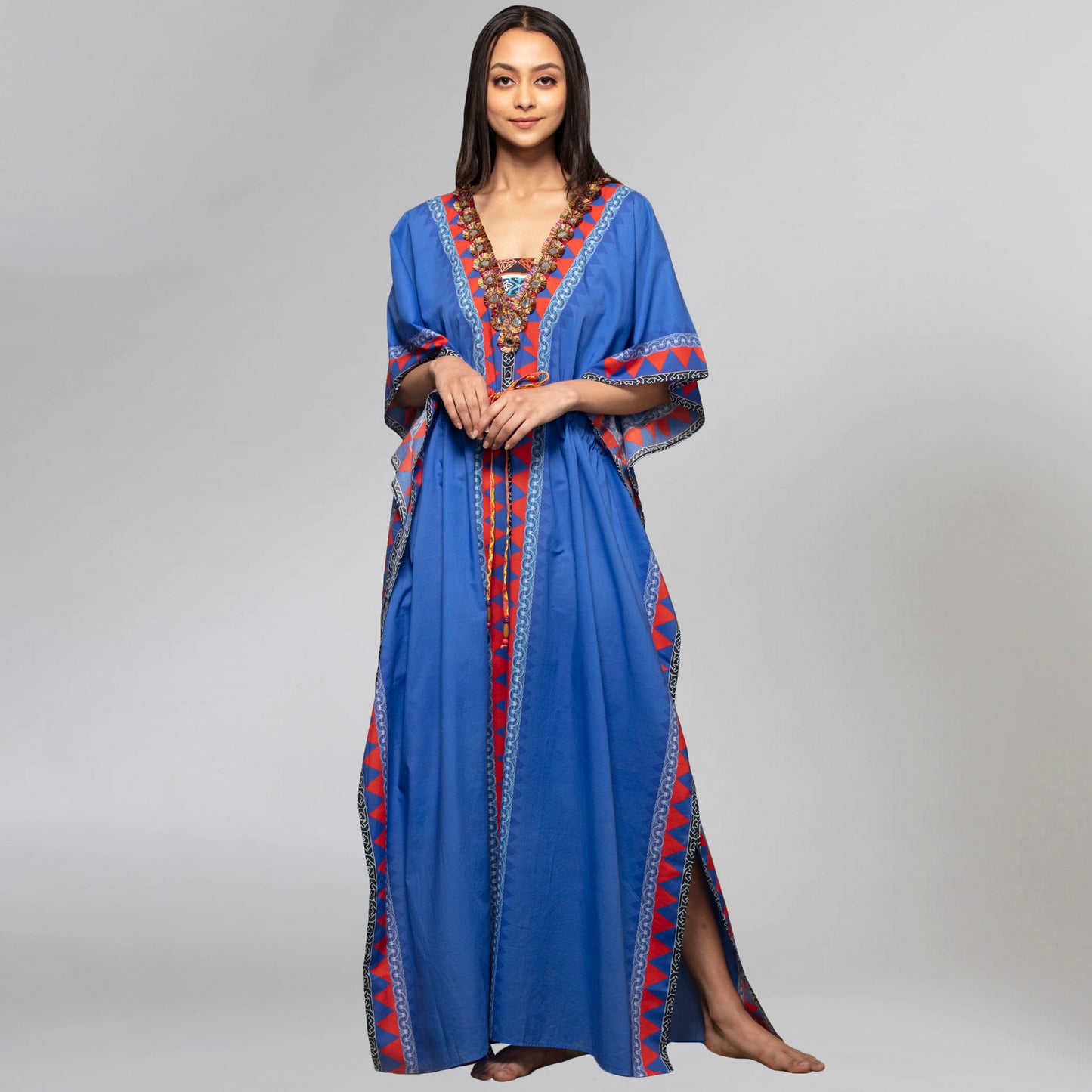 Blue Tribal Full Length Kaftan with Mirror Lace