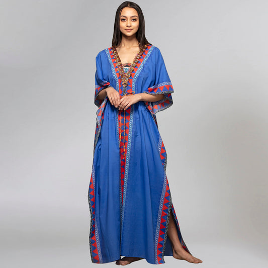 Blue Tribal Full Length Kaftan with Mirror Lace