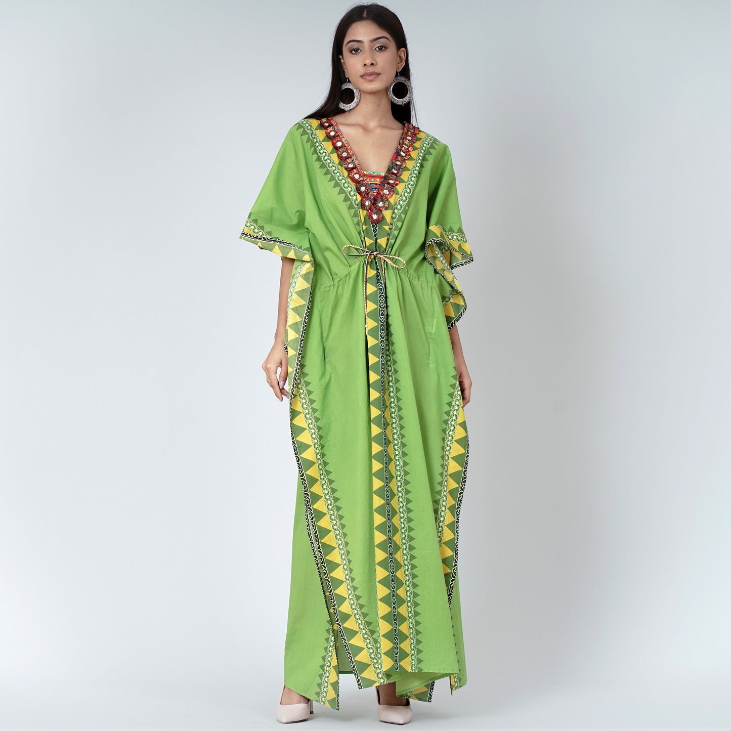 Green Tribal Full Length Kaftan with Mirror Lace