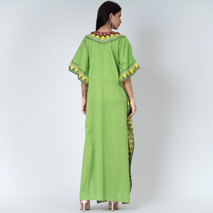 Green Tribal Full Length Kaftan with Mirror Lace