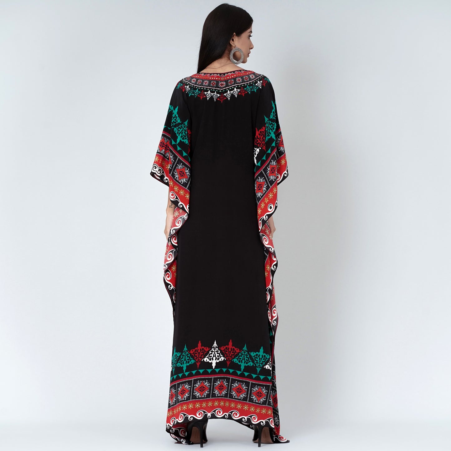 Black Mexican Print Embellished Silk Full Length Kaftan