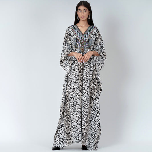 Beige Animal Print Embellished Silk Full Length Kaftan