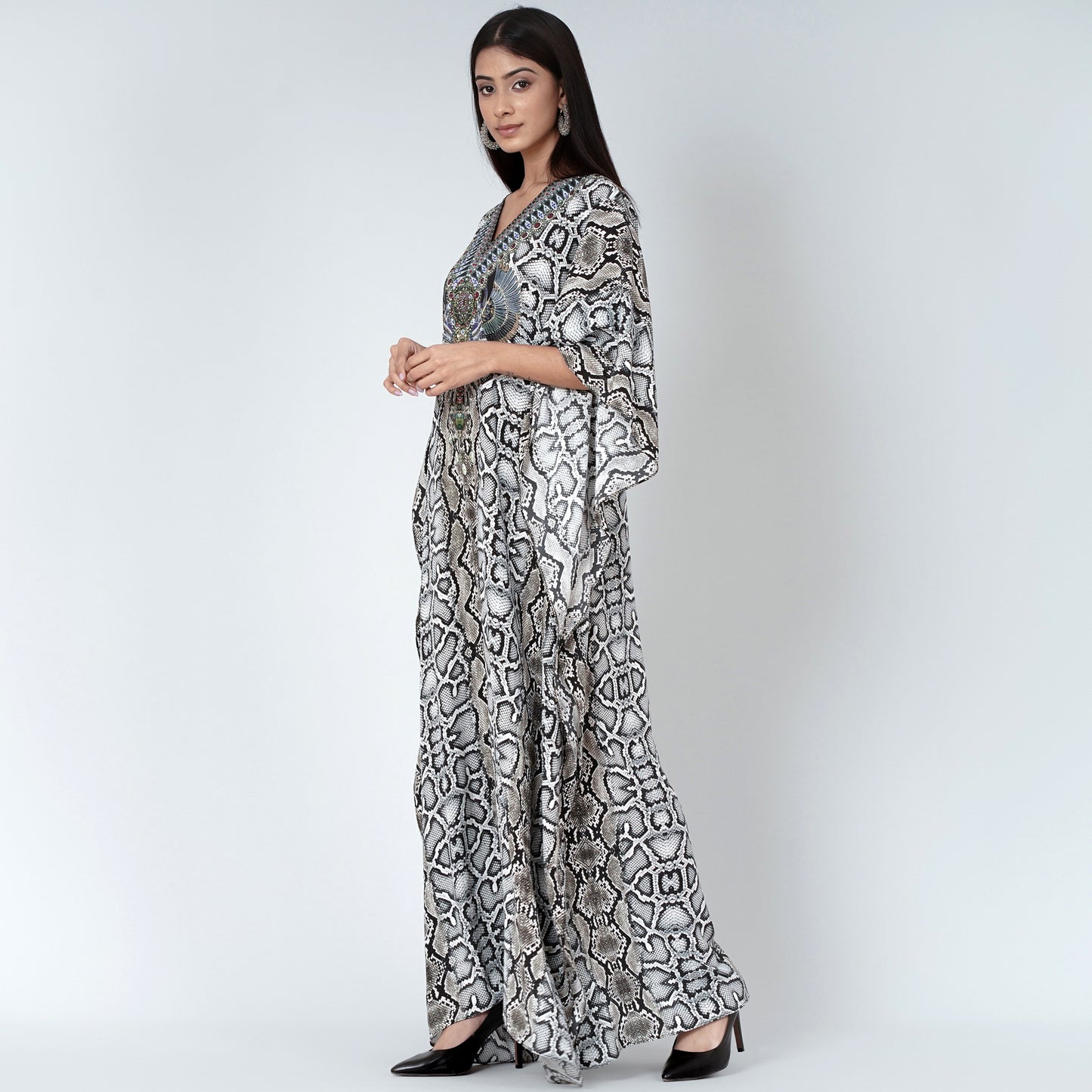 Beige Animal Print Embellished Silk Full Length Kaftan
