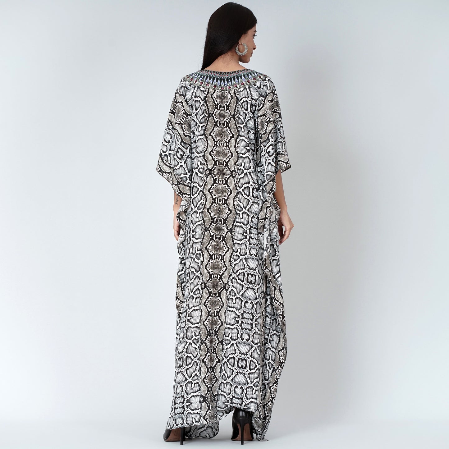 Beige Animal Print Embellished Silk Full Length Kaftan
