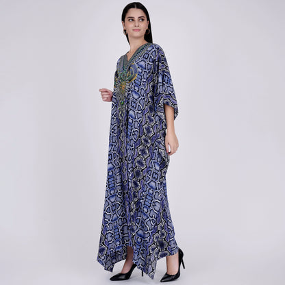Blue Animal Print Embellished Silk Full Length Kaftan