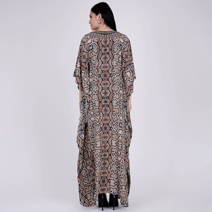 Brown Animal Print Embellished Silk Full Length Kaftan