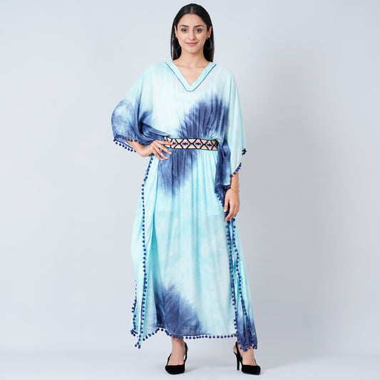 Blue Tie-Dye Full Length Kaftan with Lace