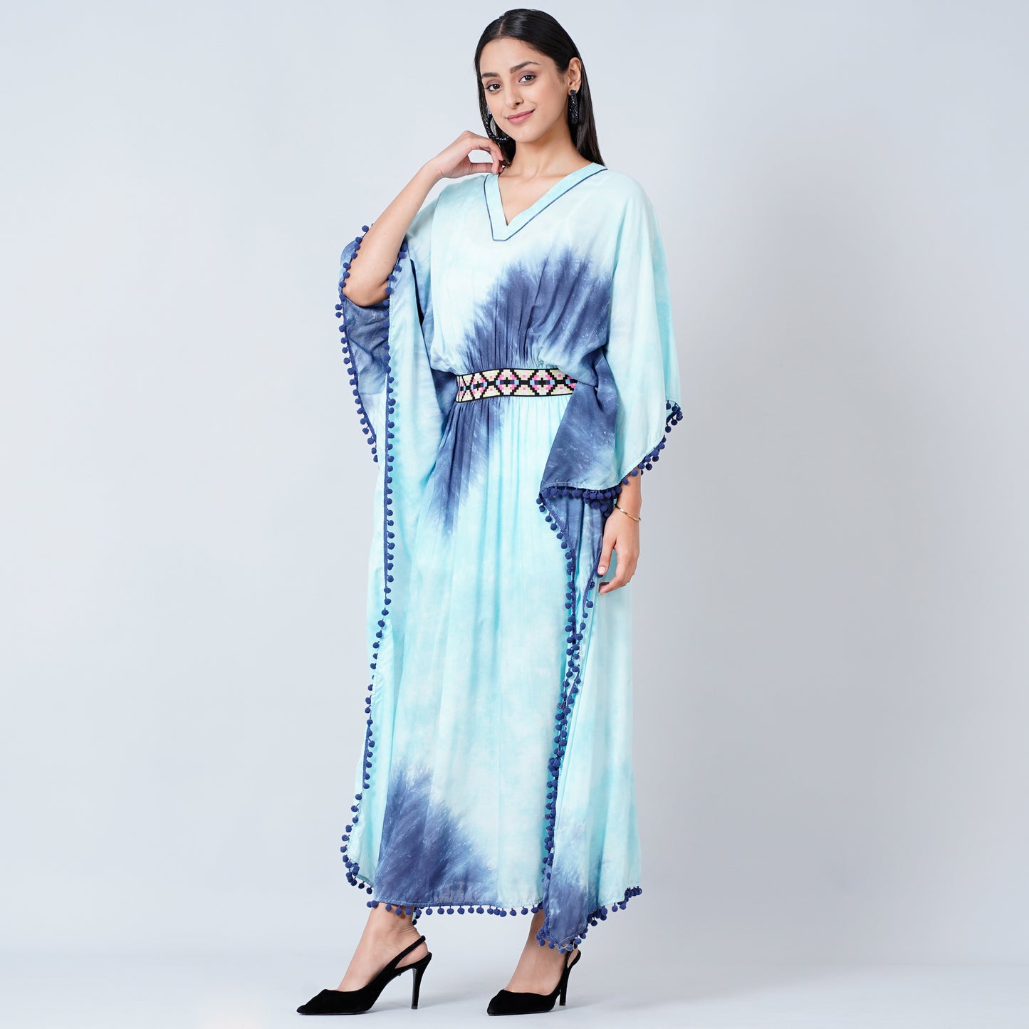 Blue Tie-Dye Full Length Kaftan with Lace