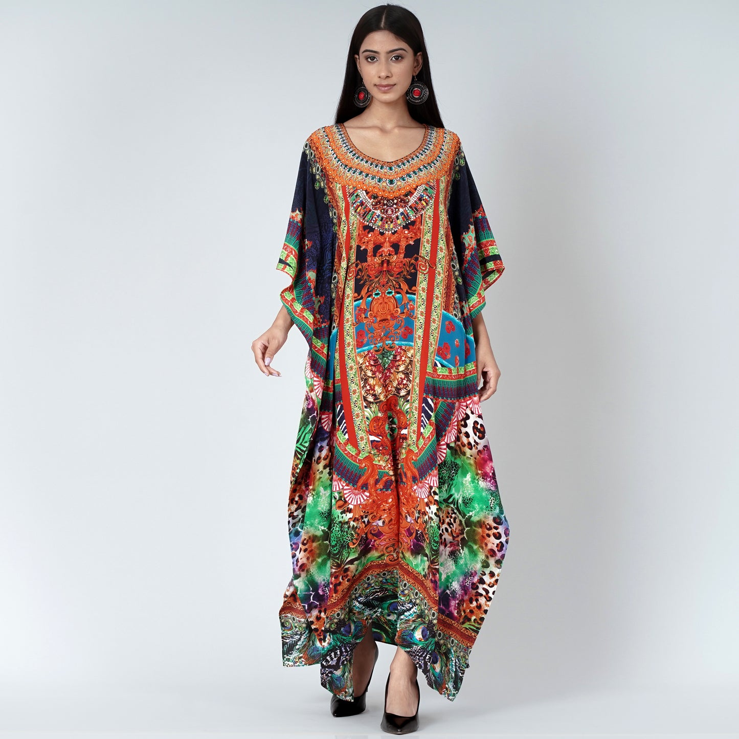 Black and Orange Abstract Embellished Silk Full Length Kaftan