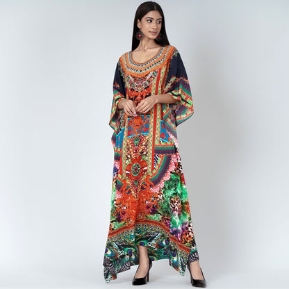 Black and Orange Abstract Embellished Silk Full Length Kaftan