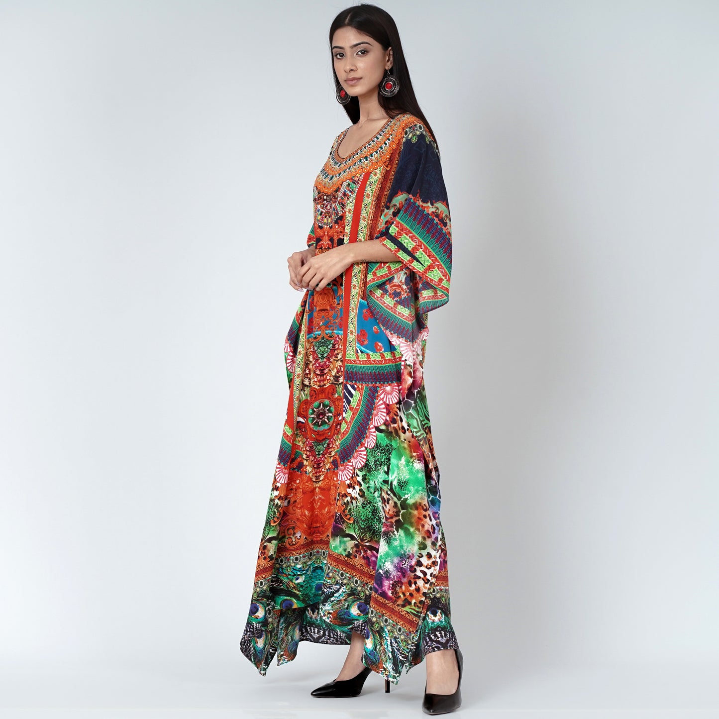 Black and Orange Abstract Embellished Silk Full Length Kaftan