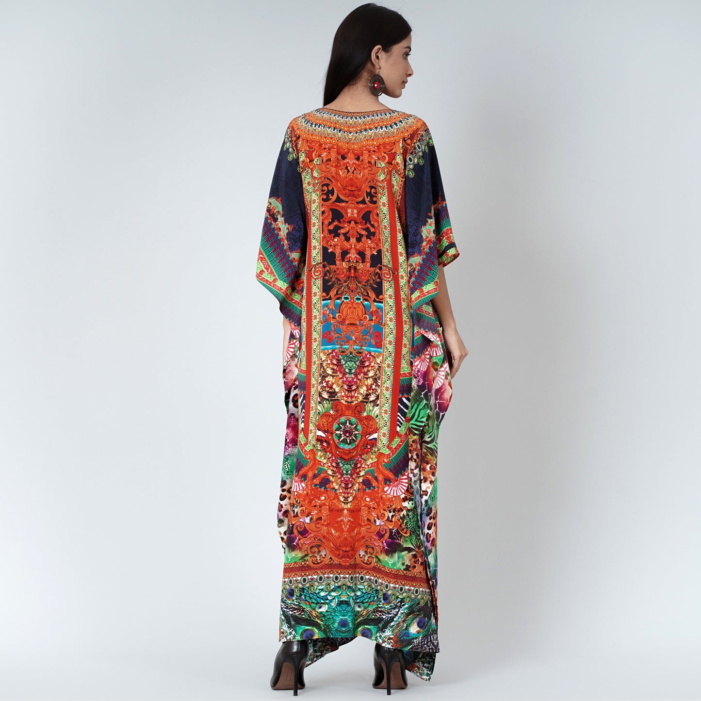 Black and Orange Abstract Embellished Silk Full Length Kaftan