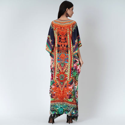 Black and Orange Abstract Embellished Silk Full Length Kaftan