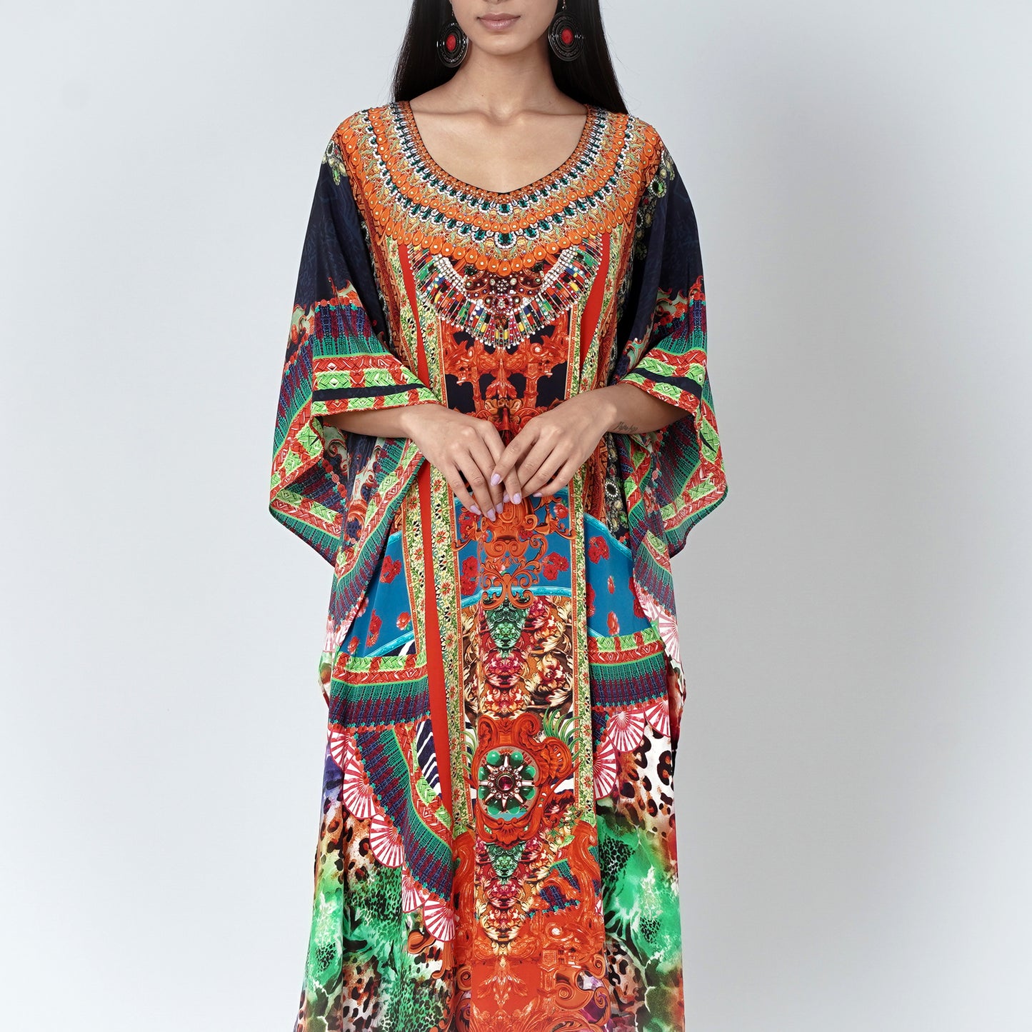 Black and Orange Abstract Embellished Silk Full Length Kaftan