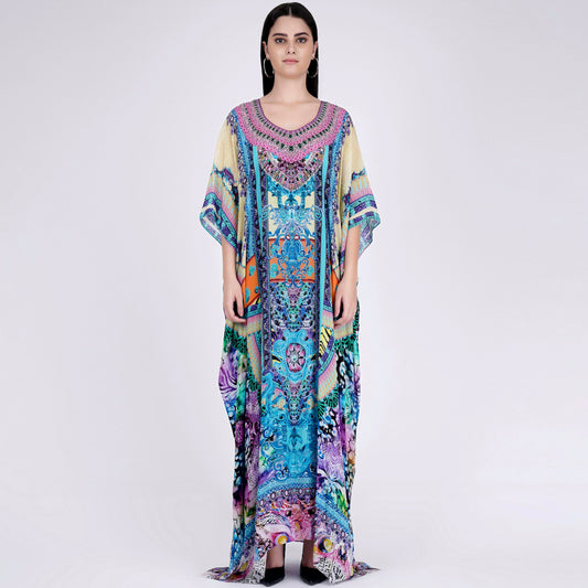 Blue and Pink Abstract Embellished Silk Full Length Kaftan