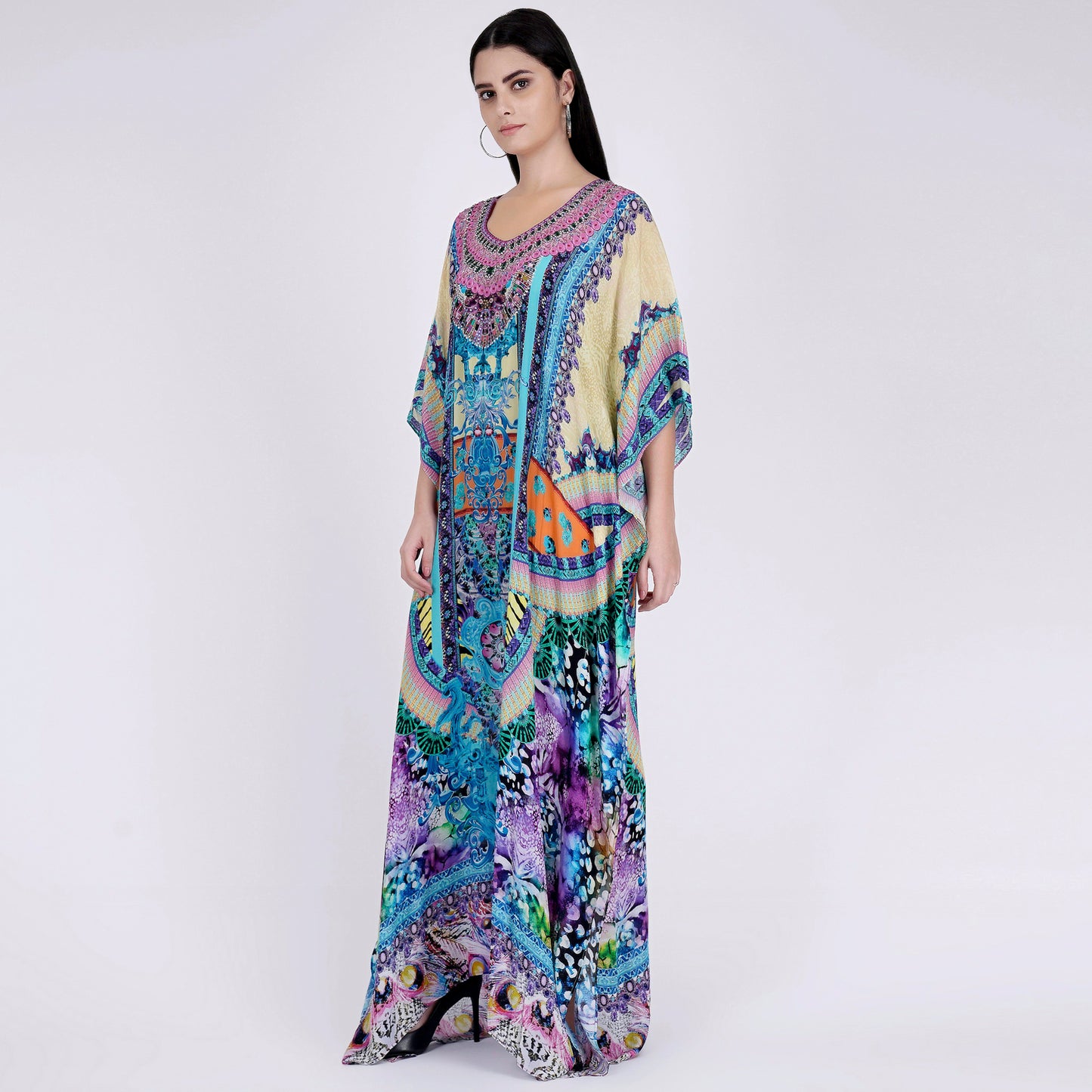 Blue and Pink Abstract Embellished Silk Full Length Kaftan