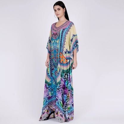 Blue and Pink Abstract Embellished Silk Full Length Kaftan