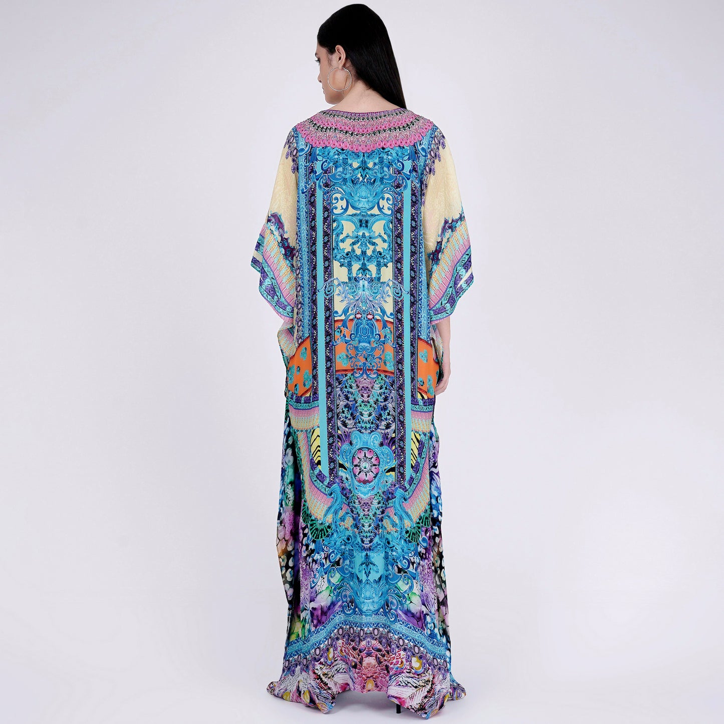 Blue and Pink Abstract Embellished Silk Full Length Kaftan