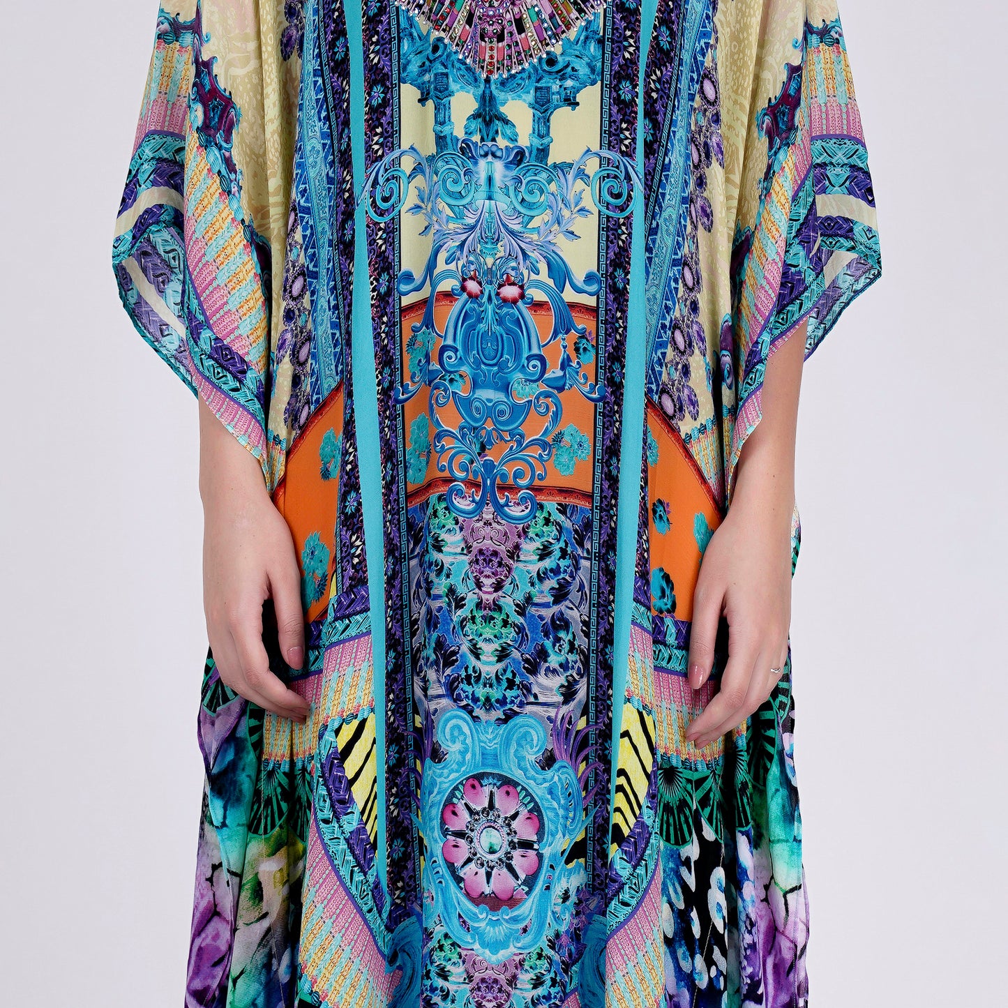 Blue and Pink Abstract Embellished Silk Full Length Kaftan
