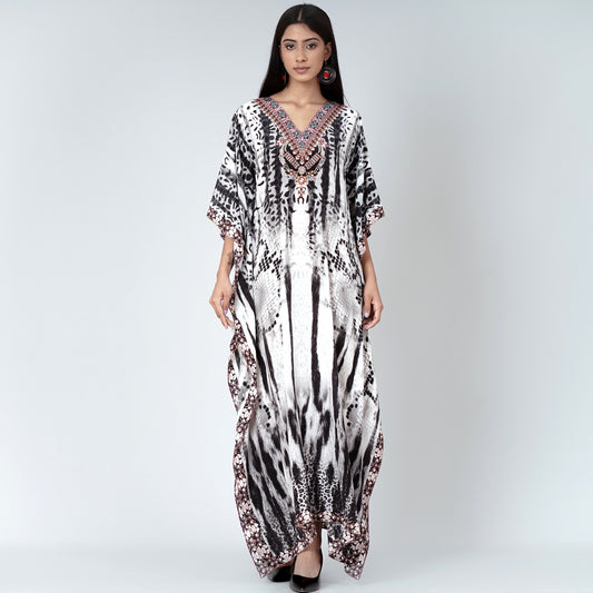 Black and White Animal Print Embellished Silk Full Length Kaftan