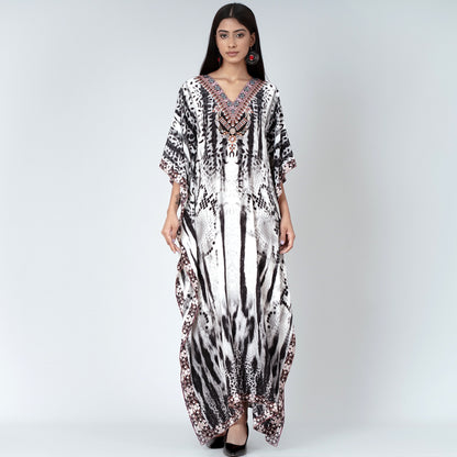 Black and White Animal Print Embellished Silk Full Length Kaftan