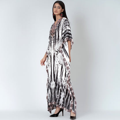 Black and White Animal Print Embellished Silk Full Length Kaftan