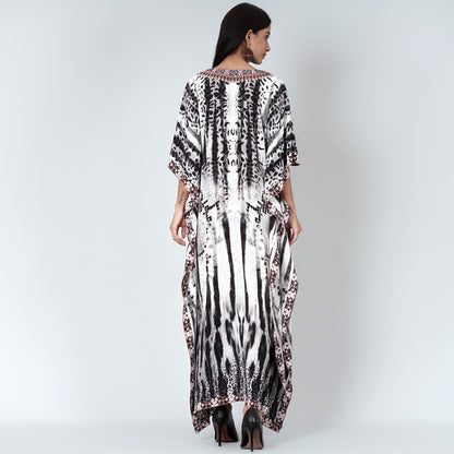 Black and White Animal Print Embellished Silk Full Length Kaftan