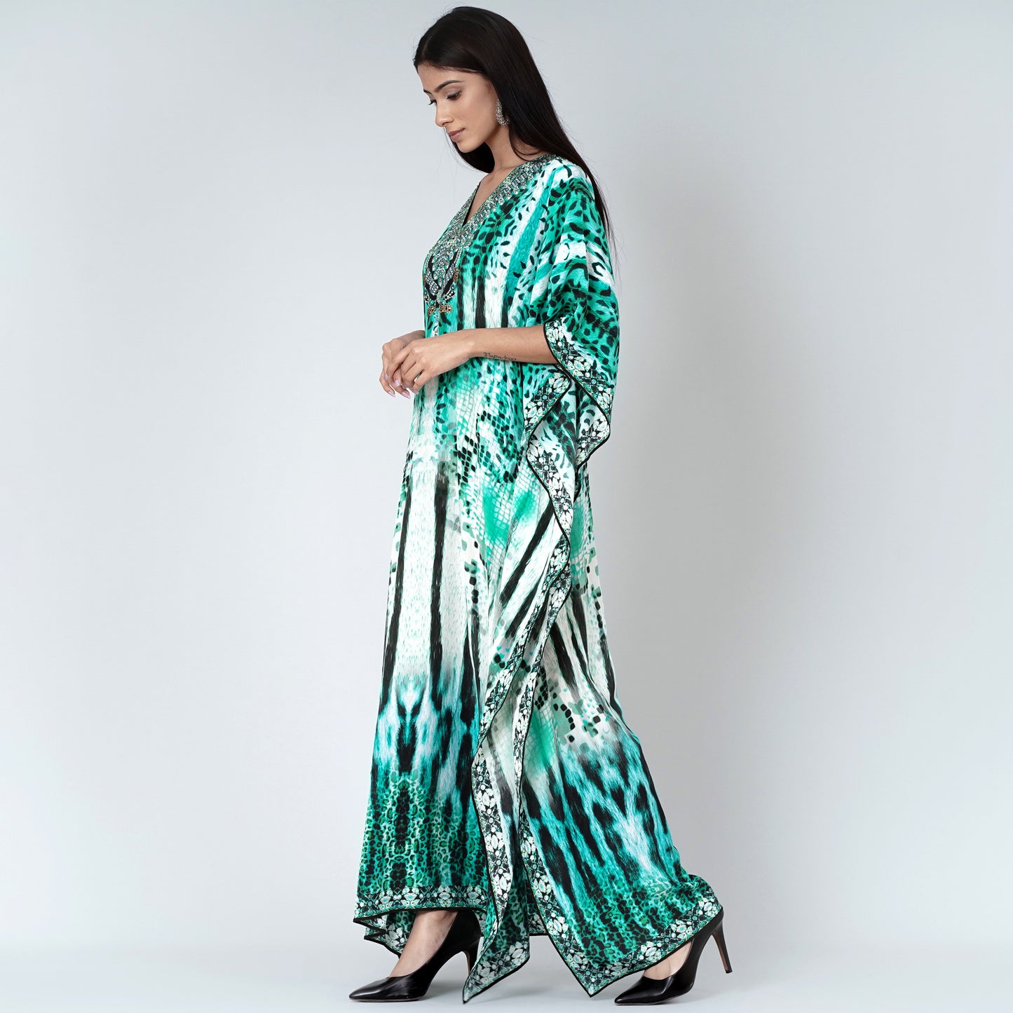 Green and Black Animal Print Embellished Silk Full Length Kaftan